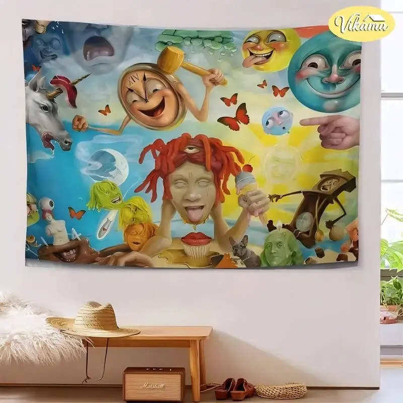 Psychedelic Rapper Tapestry, Oil Painting Unicorn Planet Butterfly Print Soft Wallcovering, Hip-Hop Style Room Decor