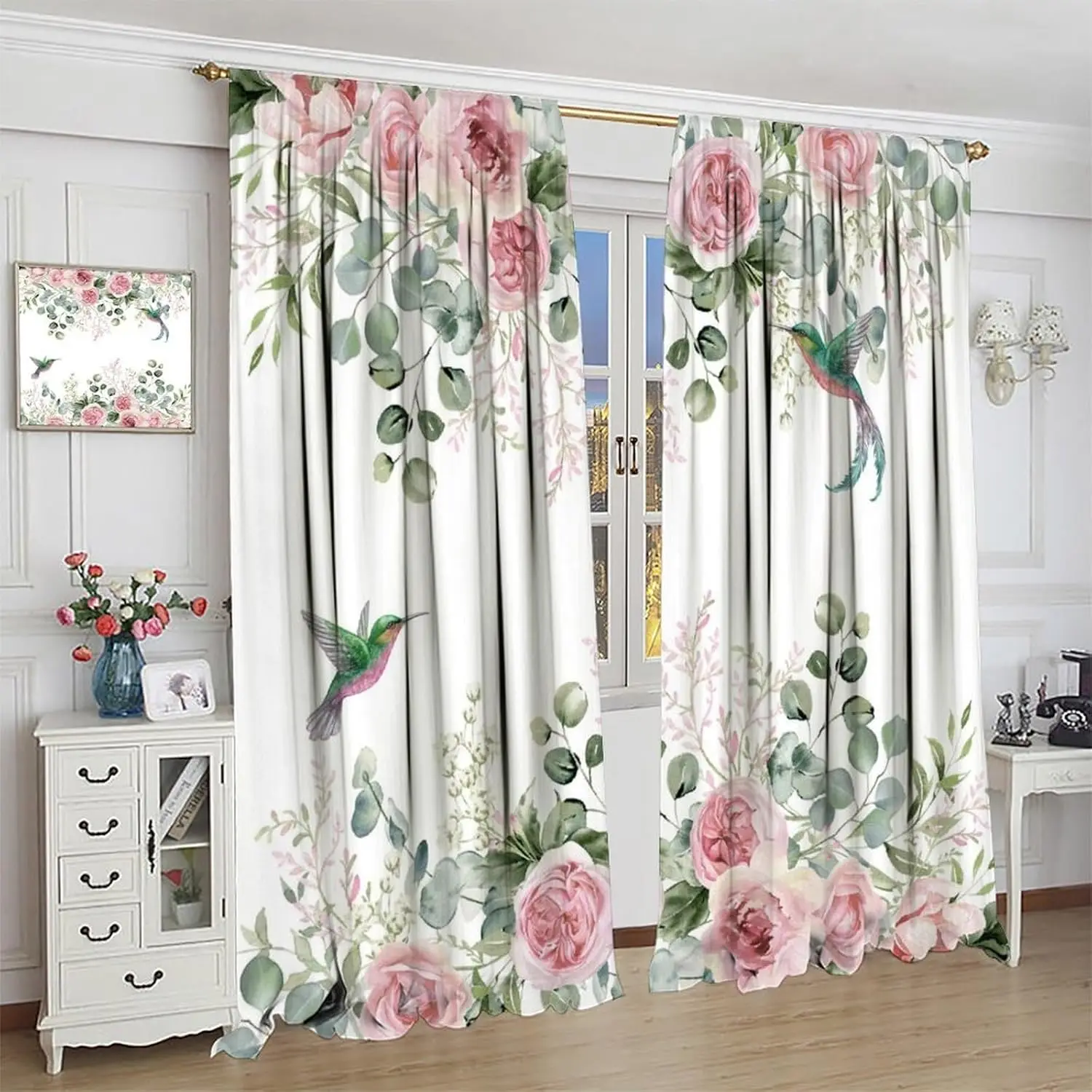 Hummingbird Floral Curtains,Pink Rose Eucalyptus Green Leaves Nature Plant Modern Drapes for Bedroom Living Room Kitchen Window