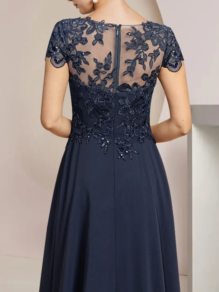 Vestido de gasa para madre de la novia, traje de noche Formal con cuello redondo alto y bajo, asimétrico, longitud de una línea, para invitados de boda