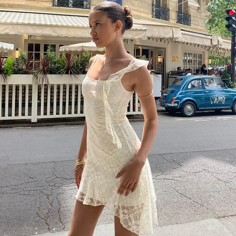 

Sexy Lace Splice Dress Women's Elegant Irregular Sleeveless Mini Dress Hot Girl Casual Club Party Clothes Bodycon Summer