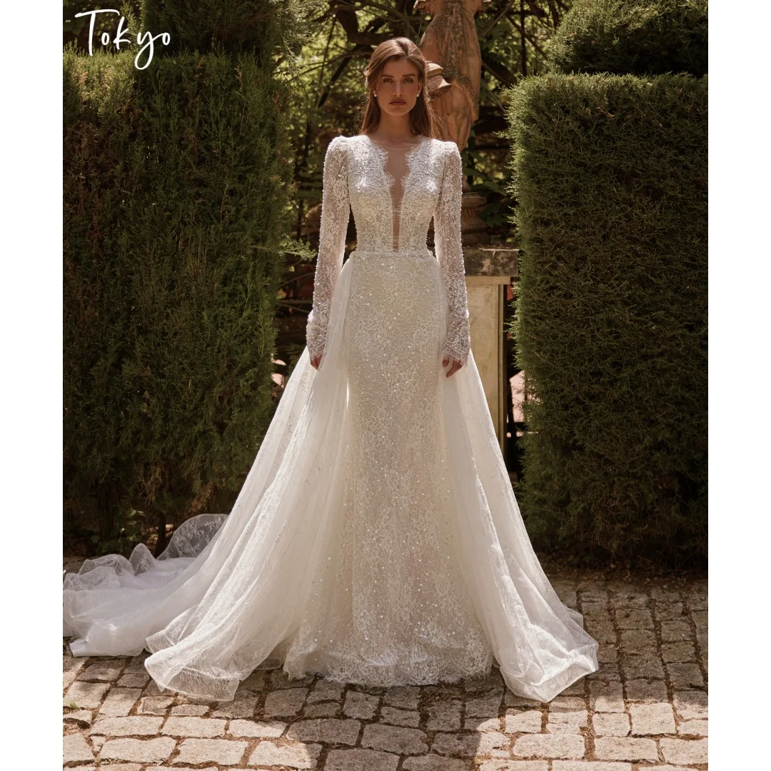 Tokyo Customized V-Neck Rhinestones Beading Prom Dress Long Sleeve Lace vestidos de noche Floor-Length Sexy Evening Dresses 2026