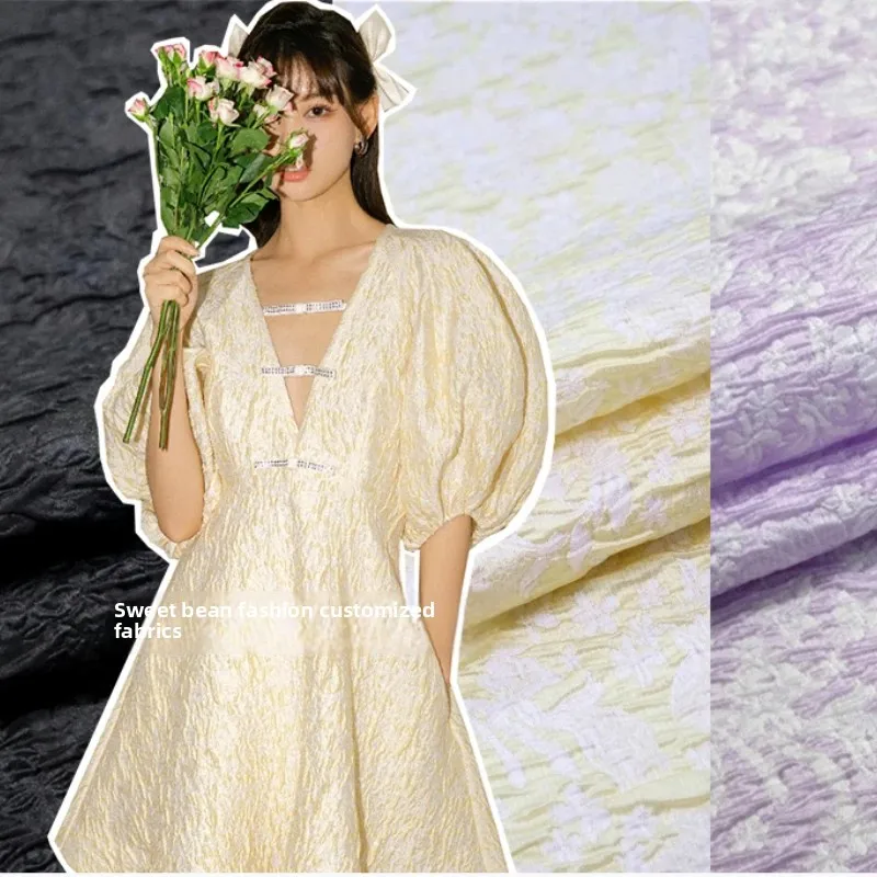 

Dark Brocade Jacquard Fabric Spring Summer Thin Small Floral Light Yellow Embossed Yarn-dyed Dress Suit Brand Design Cloth
