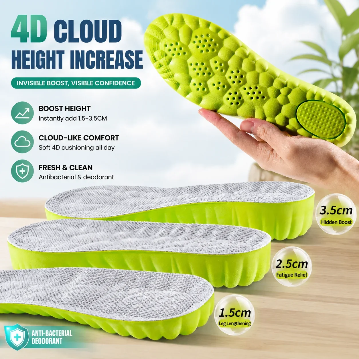 4D Cloud Height Increase Insoles Antibacterial Deodorant Breathable Sweat Absorbing Soft Elastic Shockproof Comfortable Foot