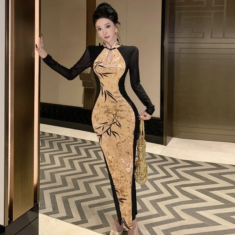 

Ele Sweet Sle Velvet Long Qipao Dr with Stand Collar Button Detail Netting Skirt Bodycon Design for Women