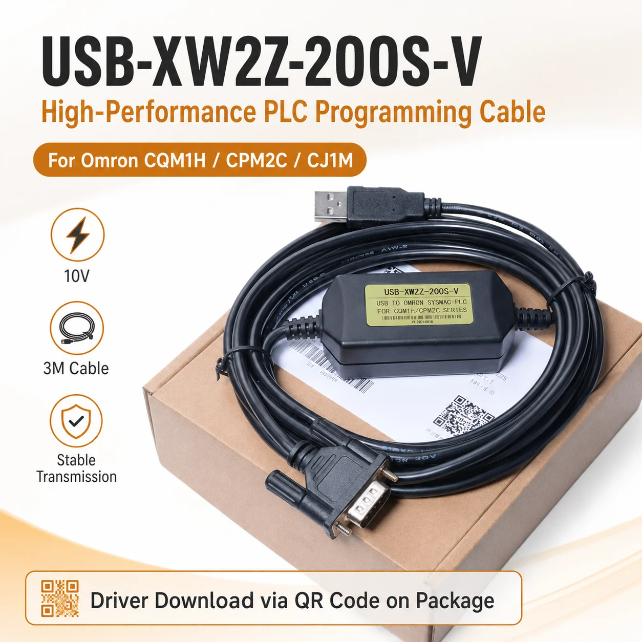 USB-XW2Z-200S-V PLC Programming Cable for Omron CQM1H CPM2C CJ1M, USB to DB9 Enhanced Communication Cord, 3M