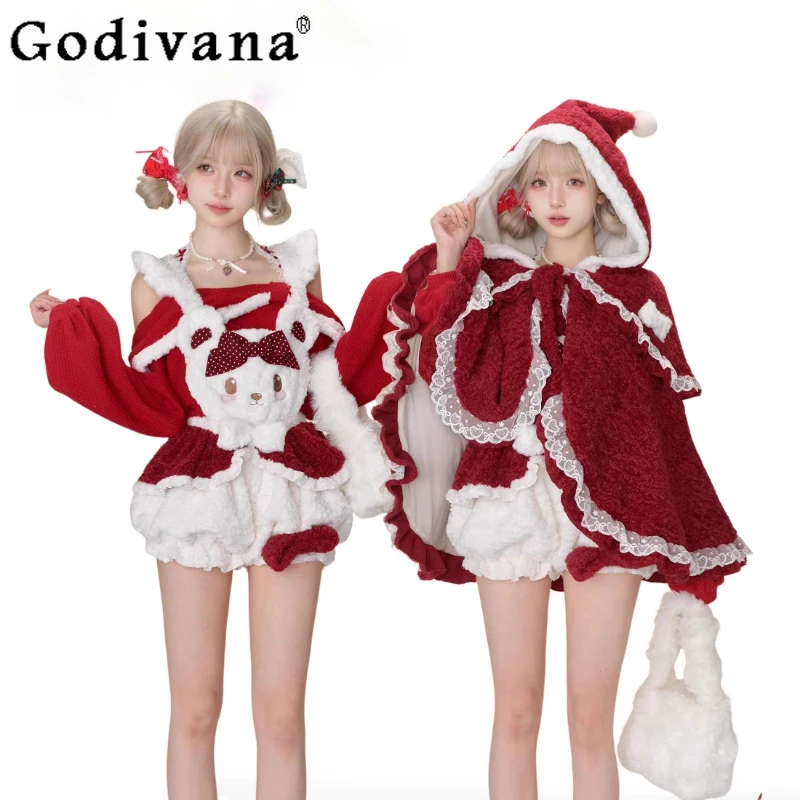 

Winter New Christmas Party Red Lolita Hooded Cloak Knit Sweater Pullovers Plush Strap Short Set Girls Women's Warm Soft Poncho