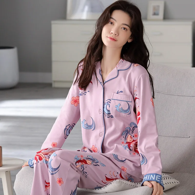 Spring and Autumn New Pure Cotton Women's Pajamas Cardigan Polo Collar Long Sleeve Texture Women's Home Furnishing Loose Fit
