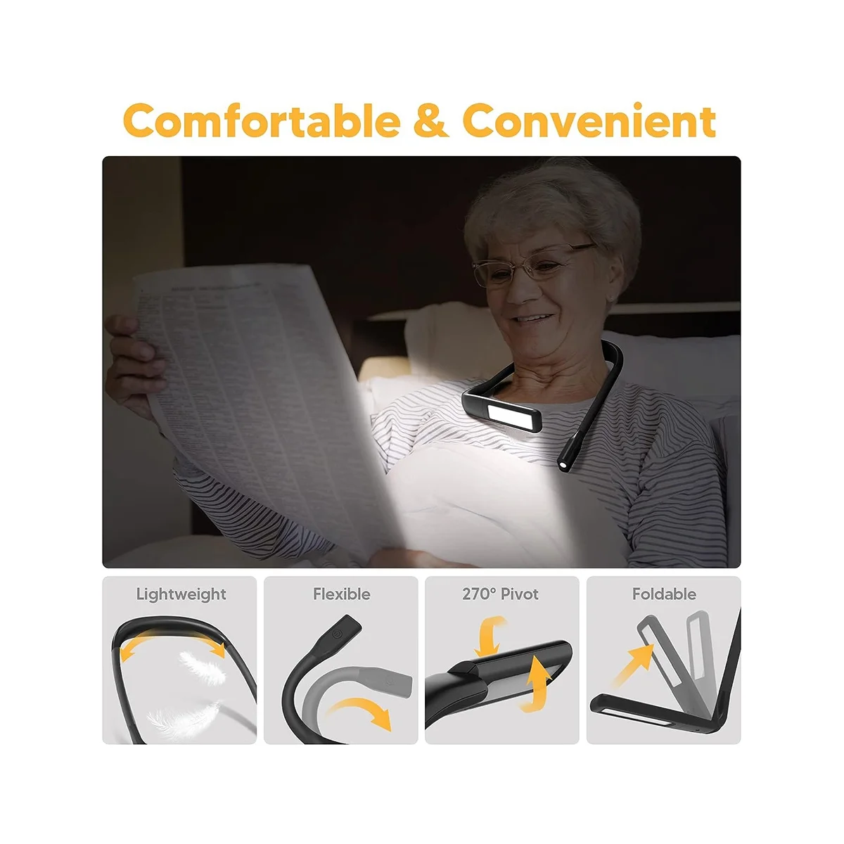 Book Reading Light Neck Light, Book Lover Christmas Birthday Gifts for Outdoor camping Women Neck Booklight Black