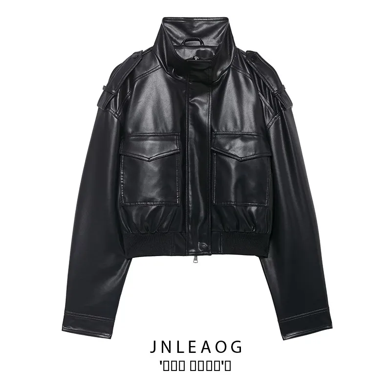 

Faionable Stand Collar PU Leather Belted Jaet Women's ort Outerwear Versatile Autumn New Arrival JNLEAOG