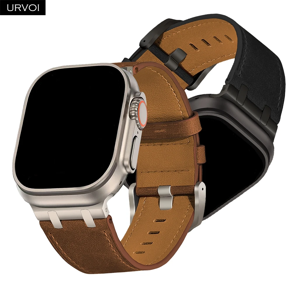 URVOI Vintage-Lederarmband für Apple Watch Ultra 3 2 Serie 11 10 9 8 7 6 SE Armband für iWatch, langlebiges Design-Zubehör, 46 49 mm