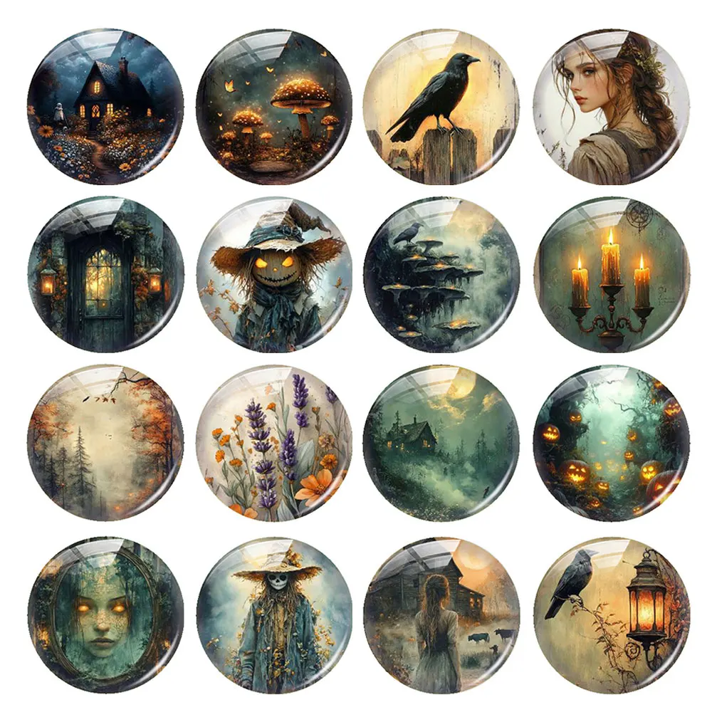 

Halloween Pumpkin Lantern Scarecrow Raven Witch Round Photo Glass Cabochon Flatback Demo Flat Back Cameo For Diy Jewelry Making