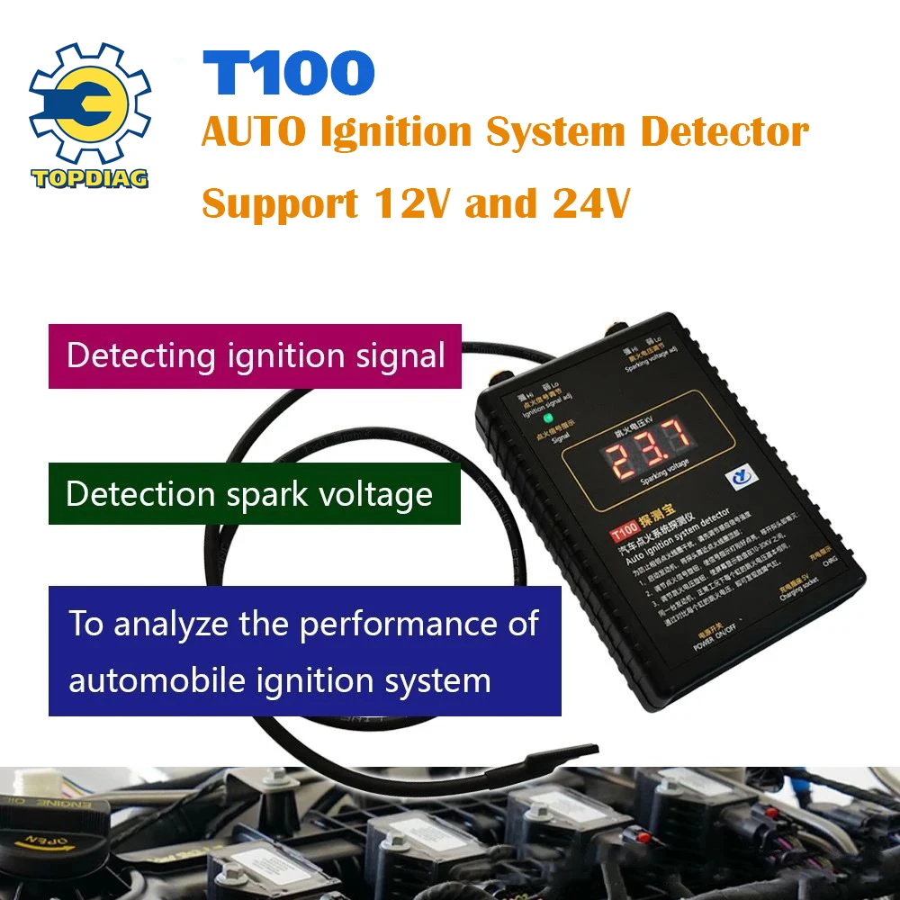 12V 24V AUTO Ignition System Detector T100 Ignition Signal Jumping Voltage Analyze Spark System Performance Diagnostic Tool