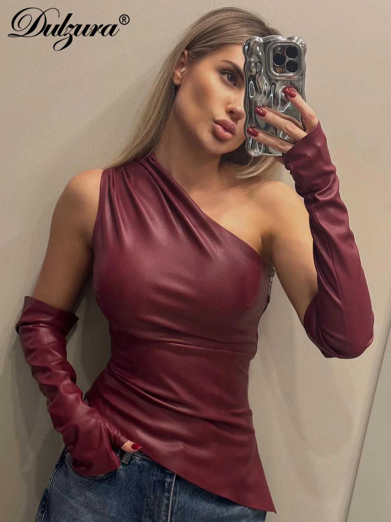 

Dulzura Pu без рукавов с косым воротником асимметричная майка с перчатками женский сексуальный повседневный топ для вечеринок и клубов уличная одежда весна-лето