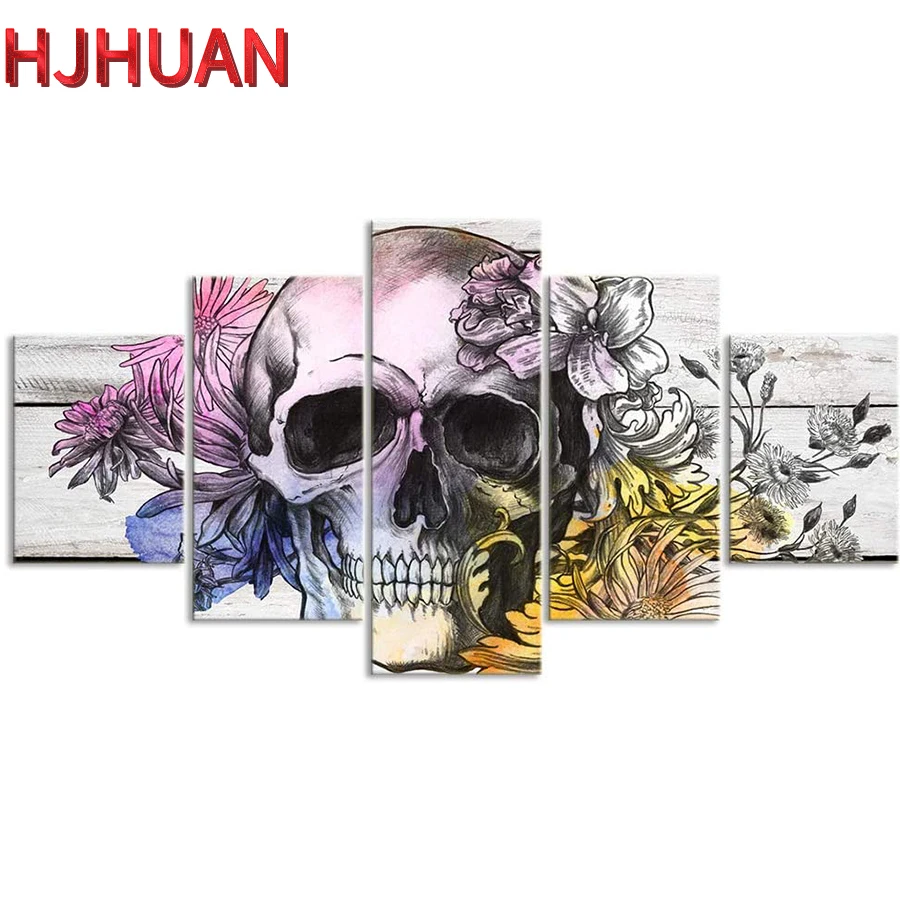 Colorful Skull with Sunflower Diamond Painting, Rhinestone Embroidery, Mosaic Cross Stitch Decor, New Arrival, 5Pcs