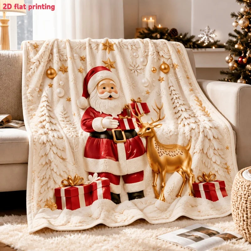 3D Effect Santa Claus Reindeer Gift Star Print,Soft Cozy Decor Blanket for Sofa,Luxury Festive Christmas Themed Household