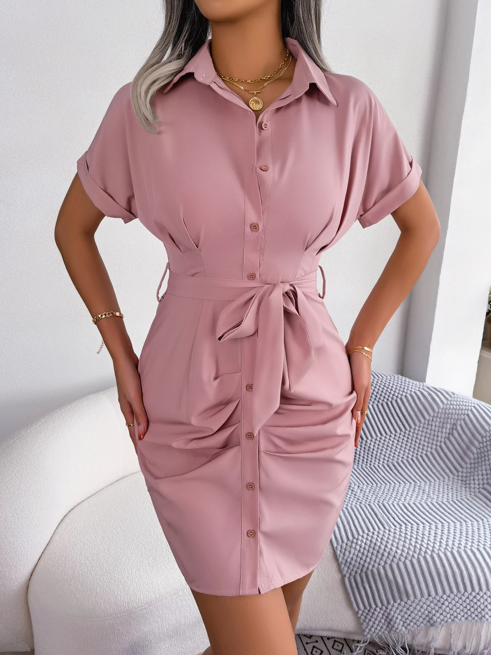 Women Summer Casual Short Sleeve Buttons Pleated Pencil Dress Blue Pink Red Bodycon Dress 2026 Fashion Woman Clothing
