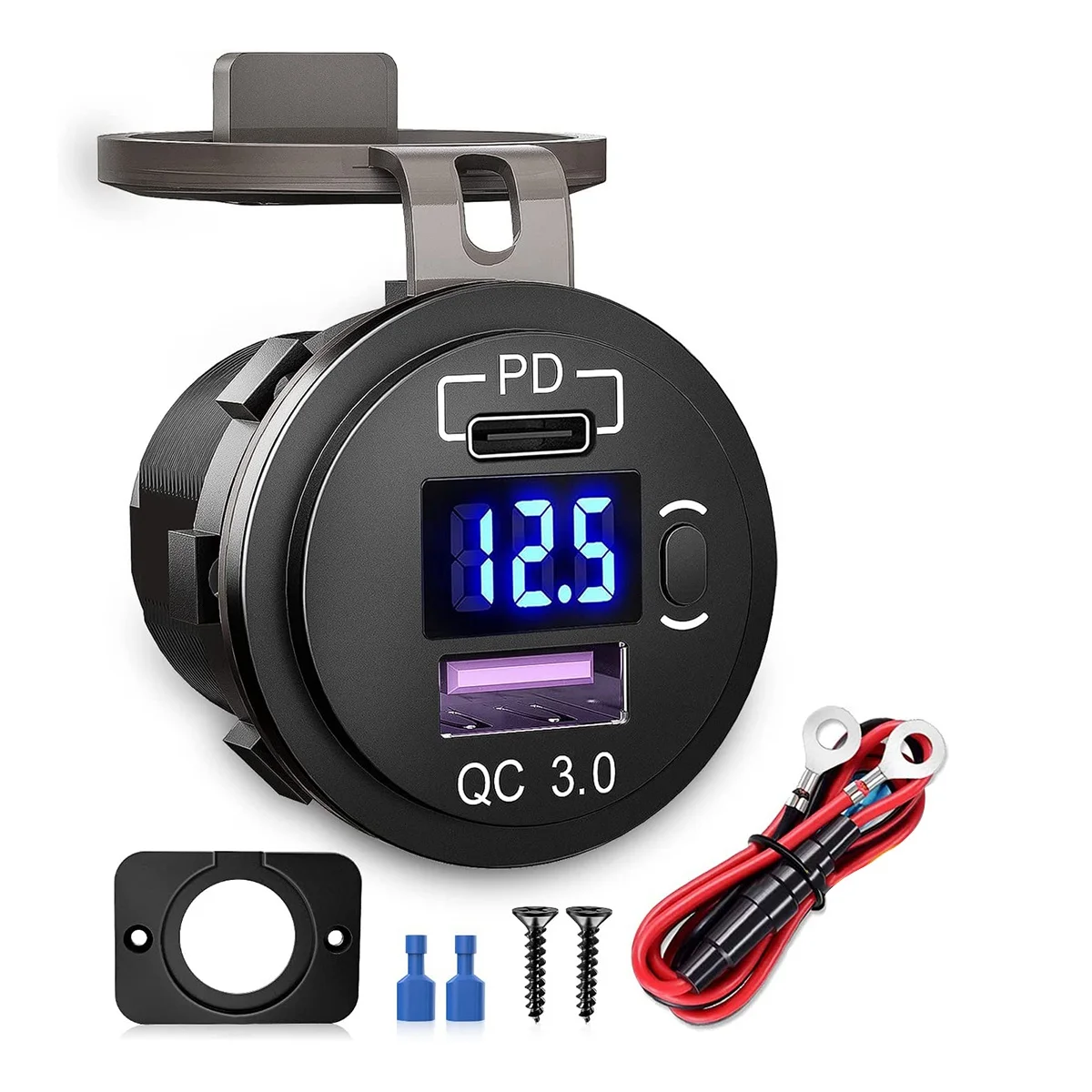 Car Dual USB Charger Quick Charge QC 3.0 & PD USB Charger Socket Adapter with Switch Voltmeter for Trucks RV Motorcycle