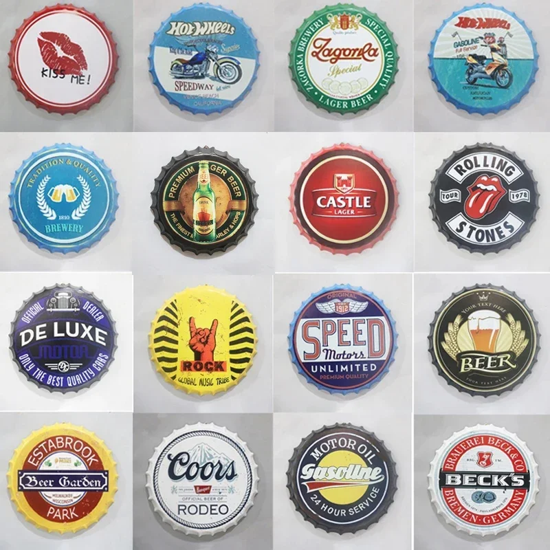 

Beer Cap Tin Signs Classic Wine Beer Brand Metal Round Plate Decor Bar Pub Garage Wall Plaques Retro Hanging Crafts Decoration