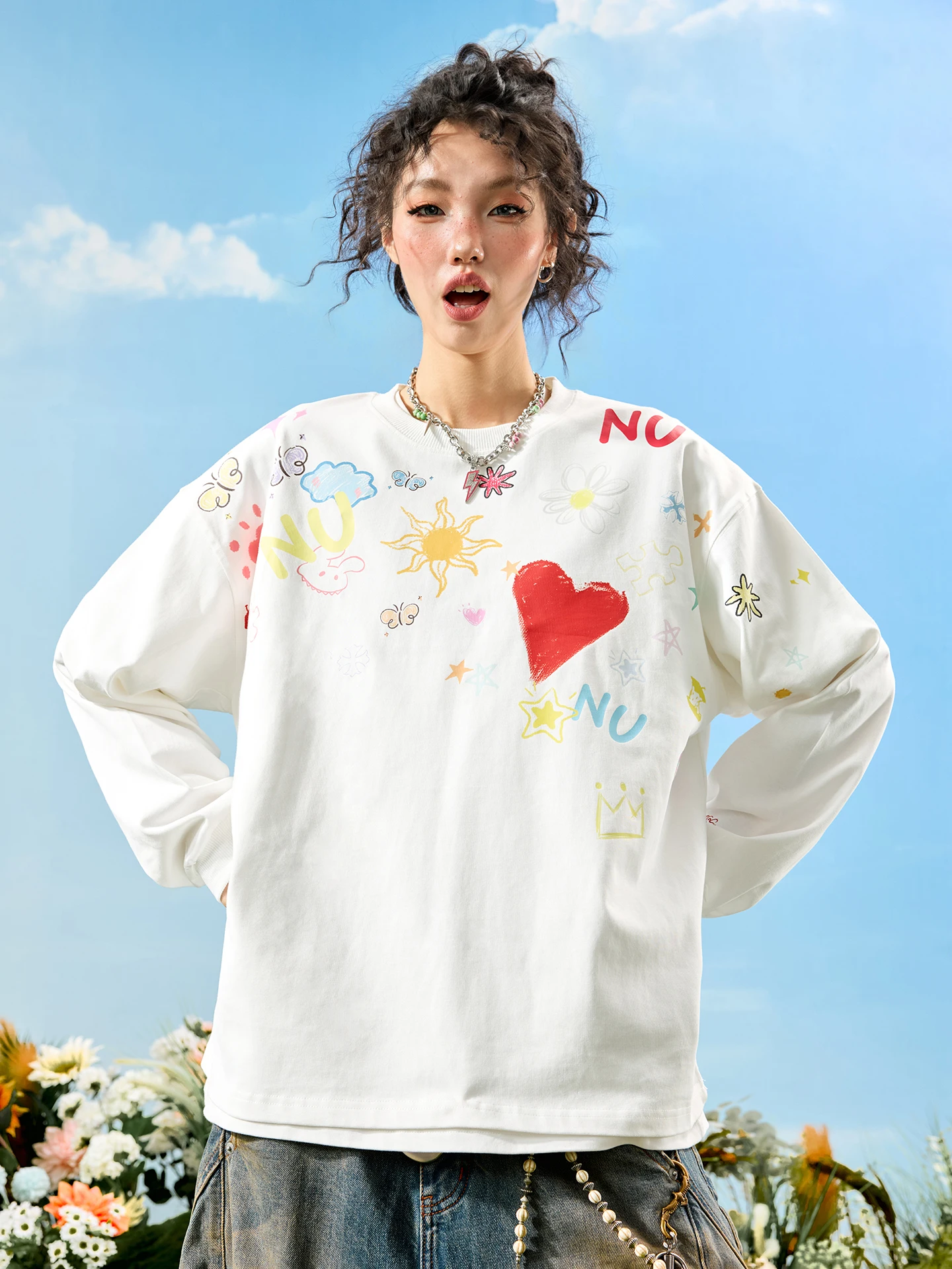 

Футболка Nuthink American Sle fiti с принтом, удлиненная, свободного кроя, весна 2026, модный мультяшный дизайн, влагопоглощающая