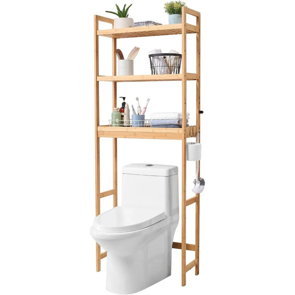 Adjustable Toilet Bathroom Organizer, Bamboo Storage Rack with 3 Hooks, Self-contained and Easy To Assemble Laundry Space Saver