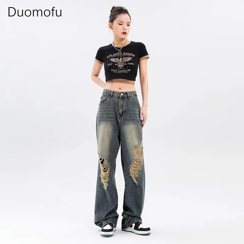 Duomofu American Basic High Waist Slim Vintage Women Jeans New Chicly Hollow Out Loose Simple Casual Fashion Autumn Female Jeans