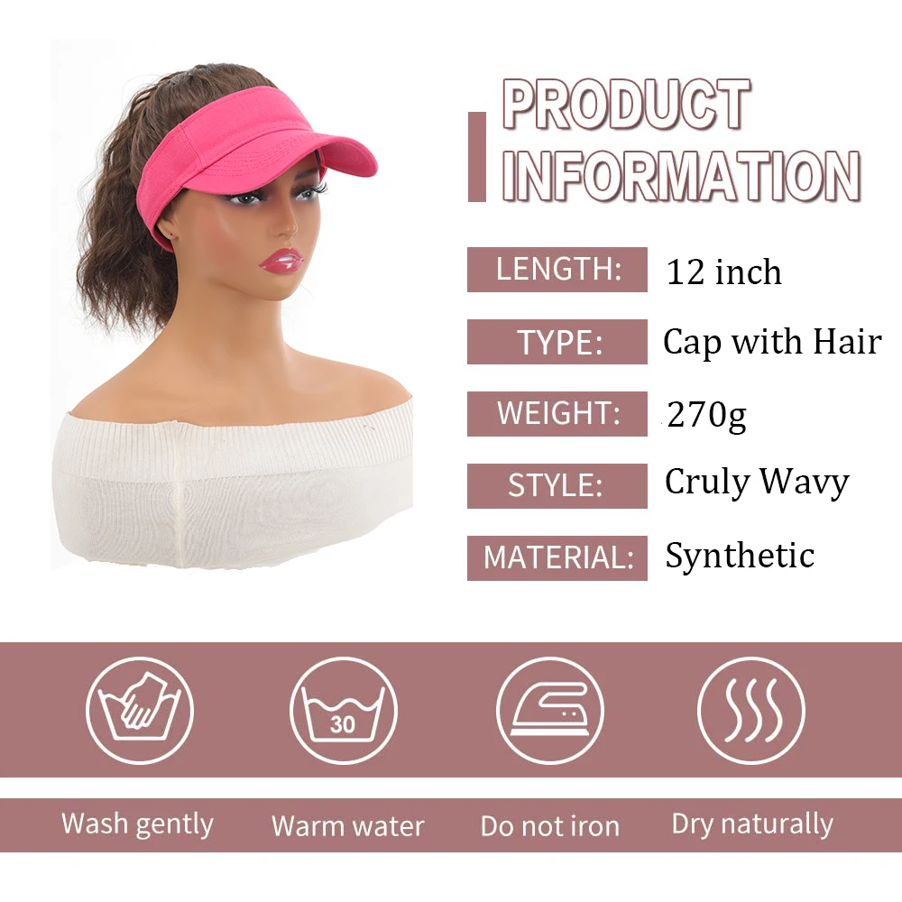 Long Wavy Ponytail Wigs Baseball Cap with Hair Adjustable Hat with Synthetic Curly Wavy Attached Wig for Women 12 Inch