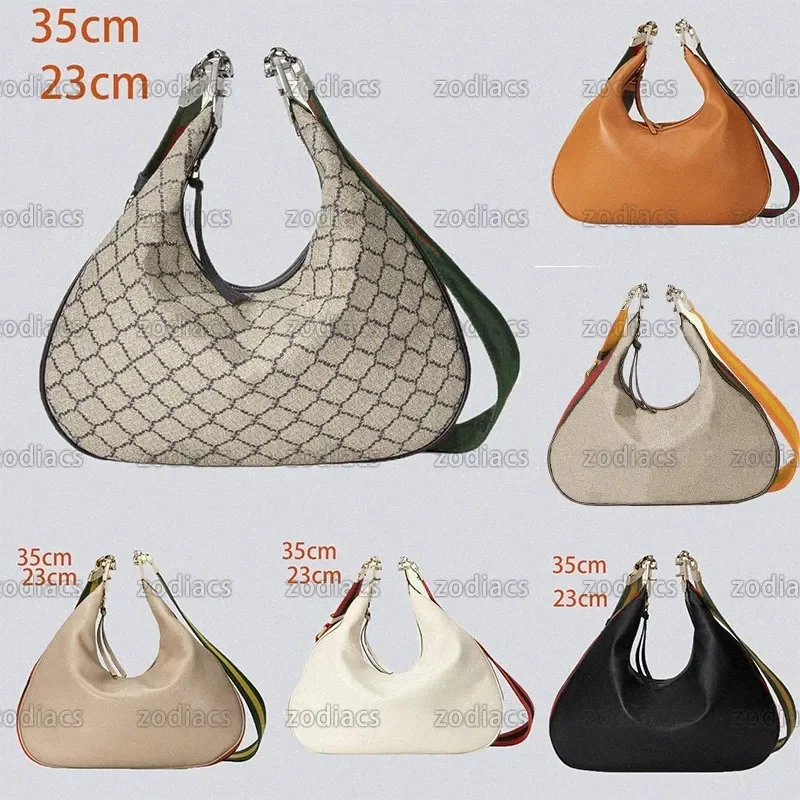 

Attache large shoulder bag crescent moon shape G shaped hook closure with zip Detachable Blue and red Web trim Luxury leather Ha