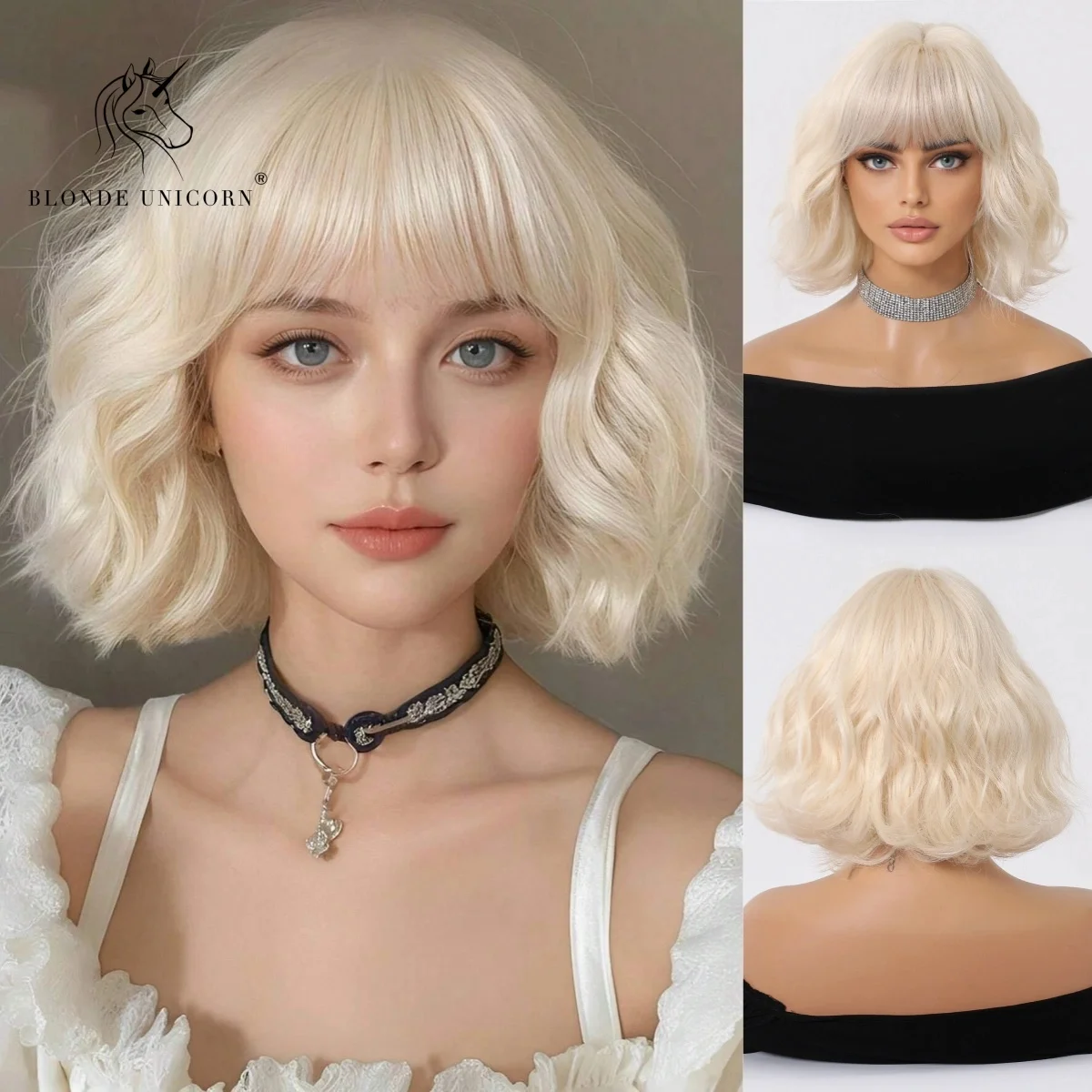 

Платиновый блондин, короткий волнистый синтетический парик для женщин с прямой челкой и откидными концами, термостойкий для повседневной вечеринки