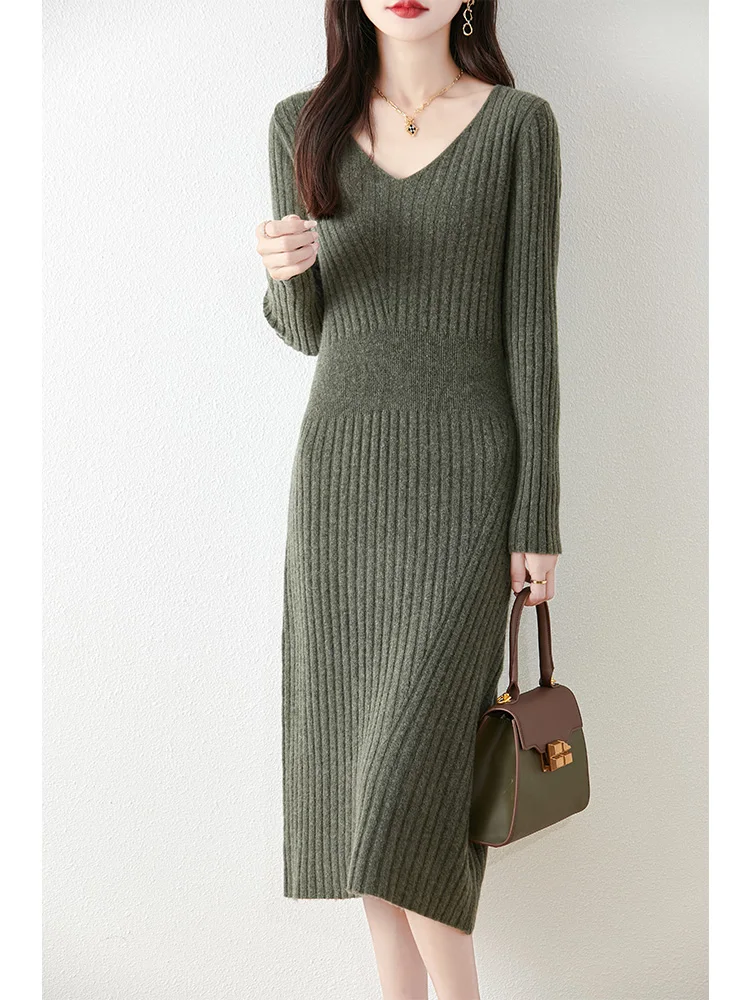 

Autumn and Winter New Collection Waist V-neck Pure Wool Knitted Dress for Women Coat Woolen Skirt Pit Strips Slimming Bottom Ski