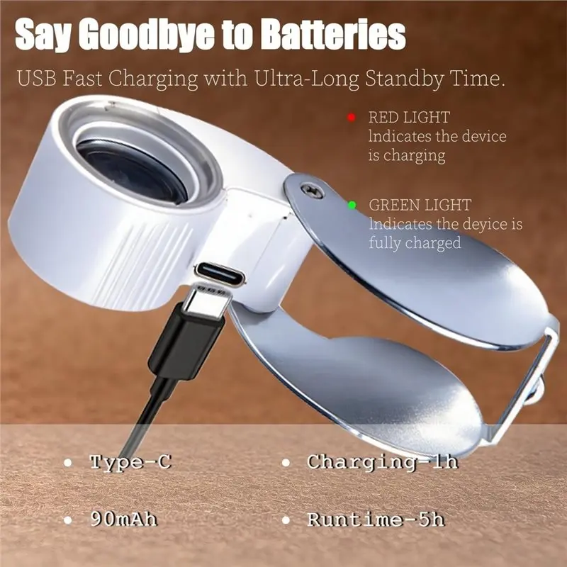 B62B 60X Rechargeable Jewelers Loupe, Foldable 25mm Pocket Magnifier with LED & UV Light for Gemstone Inspection