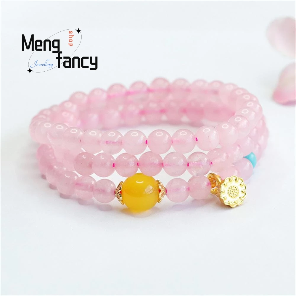 Natural Pink Crystal Multi Loop Lotus String Bracelet Simple Elegant High-grade Luxury Quality Jewelry Best Selling Holiday Gift