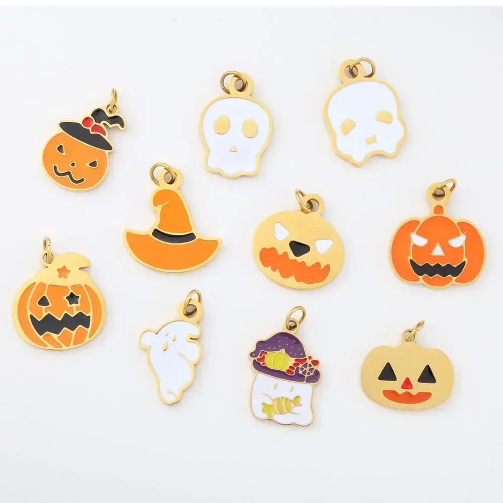 10Pcs/Lot Colorful Enamel Halloween Pendant Pumpkin Grave Ghost Bat Vampire Castle Charm Stainless Steel Handcrafted Accessories