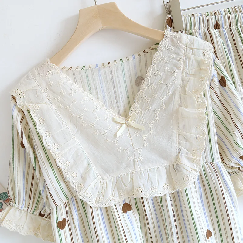 2025 Summer New Women's Pajama Set 100% Cotton Crepe Lace V-Neck Princess Pajama Short Sleeve Shorts Two Piece Sweet Home Fury