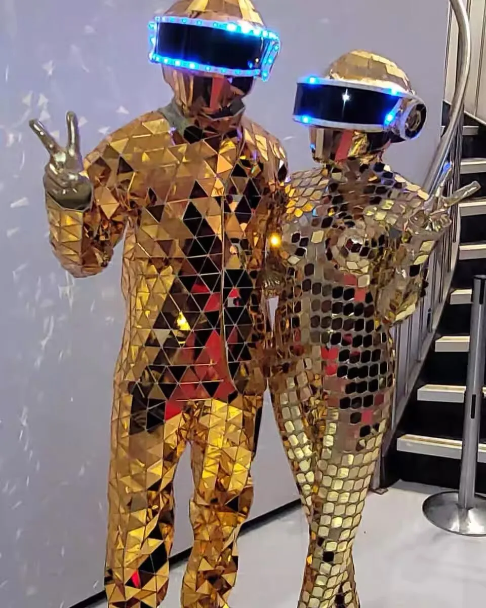 

Hot Sale Mirror Costume Red Stilts Walker Silver Gold LED Robot Suit Costume for DJ Party Performance Show Dance Party
