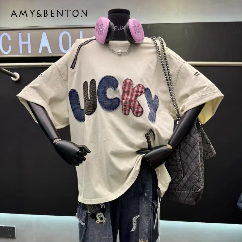 

Kawaii Clothes New Heavy Industry Sticker Embroidered Letter Printing Short-sleeved T-shirts Women's Loose Casual Versatile Tees