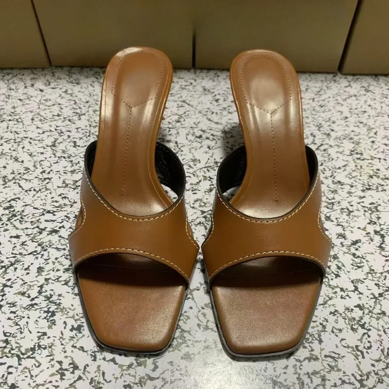 

Simple Design Summer Women Mules Sandals Retro Peep Toe Brown Stilettos Soft PU Leather High Heels Prom Party Shoes for Lady