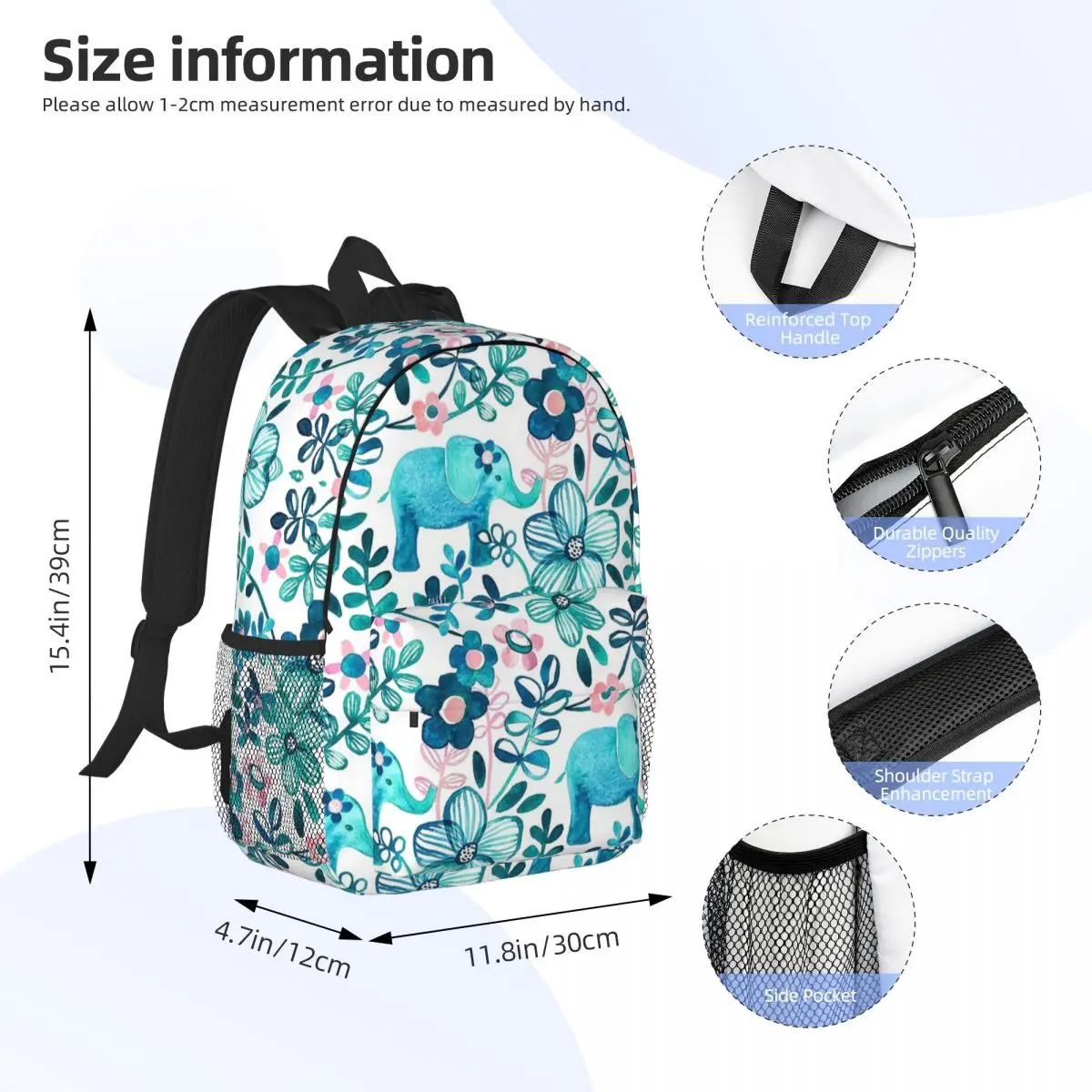 Dusty Pink, White And Teal Elephant And Floral Watercolor Backpacks Boys Girls Bookbag Students School Bag Rucksack Shoulder Bag