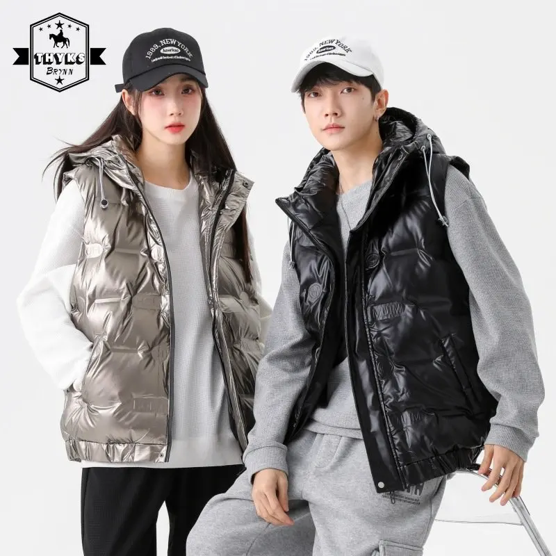 Down Solid Coat Hooded Vest Men Thicken Warm Causal Fashion Couple Puffer Jacket Unisex Loose Women Vests Winter Coats New Vests