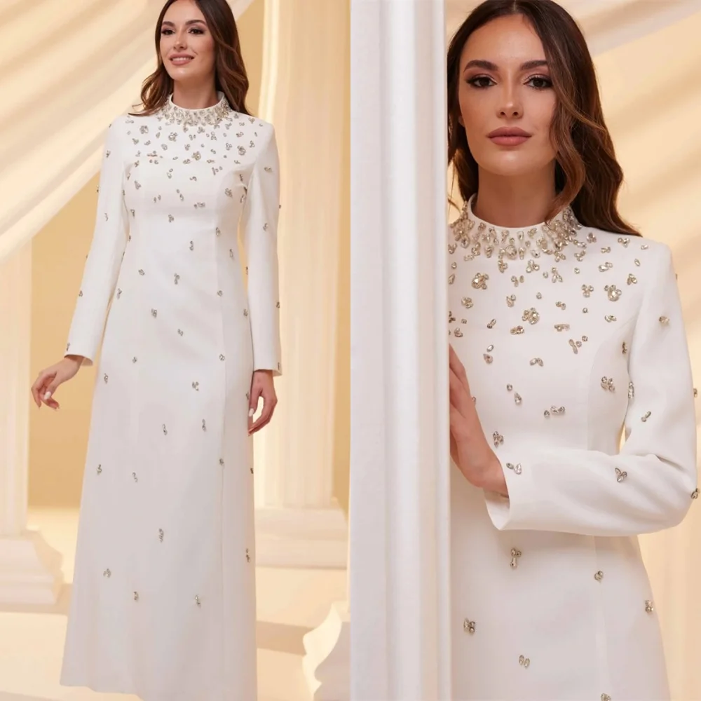 تخصيص كلاسيكي الأبيض جيرسي مساء اللباس مزاجه عالية العنق طويلة الأكمام سستة الظهر كريستال فساتين المناسبات الخاصة