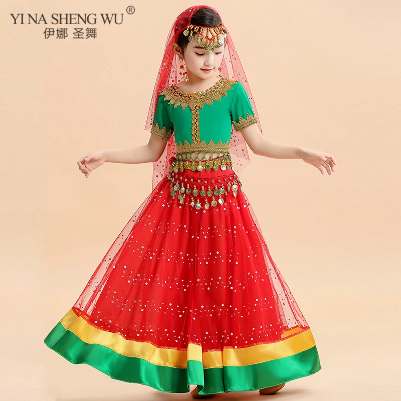 Children Festival Halloween Costumes Indian Dance Belly Dance Kids Bollywood Costumes Princess Fancy Outfit India Girl Top Skirt