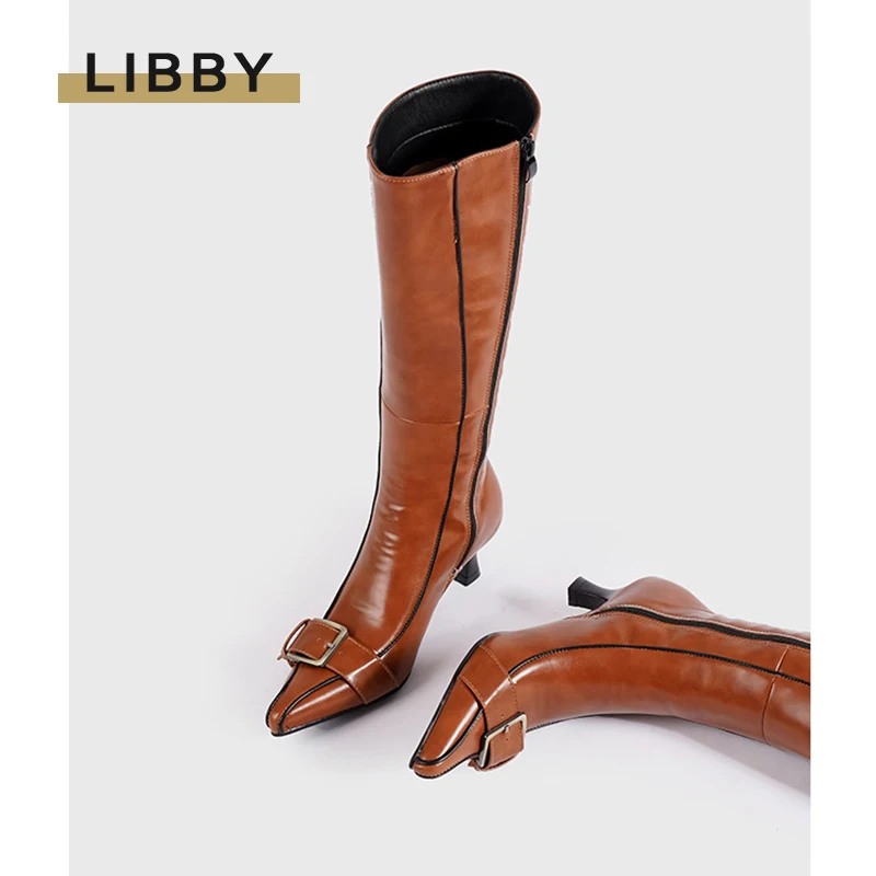 2024 New Retro Belt buckle boots women  fashion boots thick heel pointed side zipper thin hundred fashion boots Winter