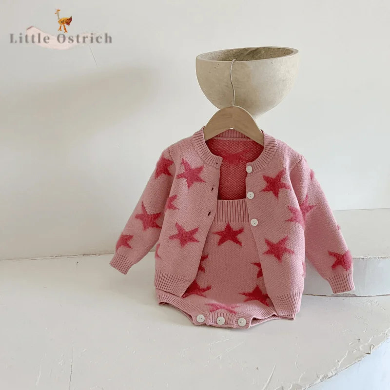 Newborn Baby Girl Star Cotton Suspender Romper Infant Toddler Child Coat Casual Solid Color Cardigan Baby Clothes 3M-2Y