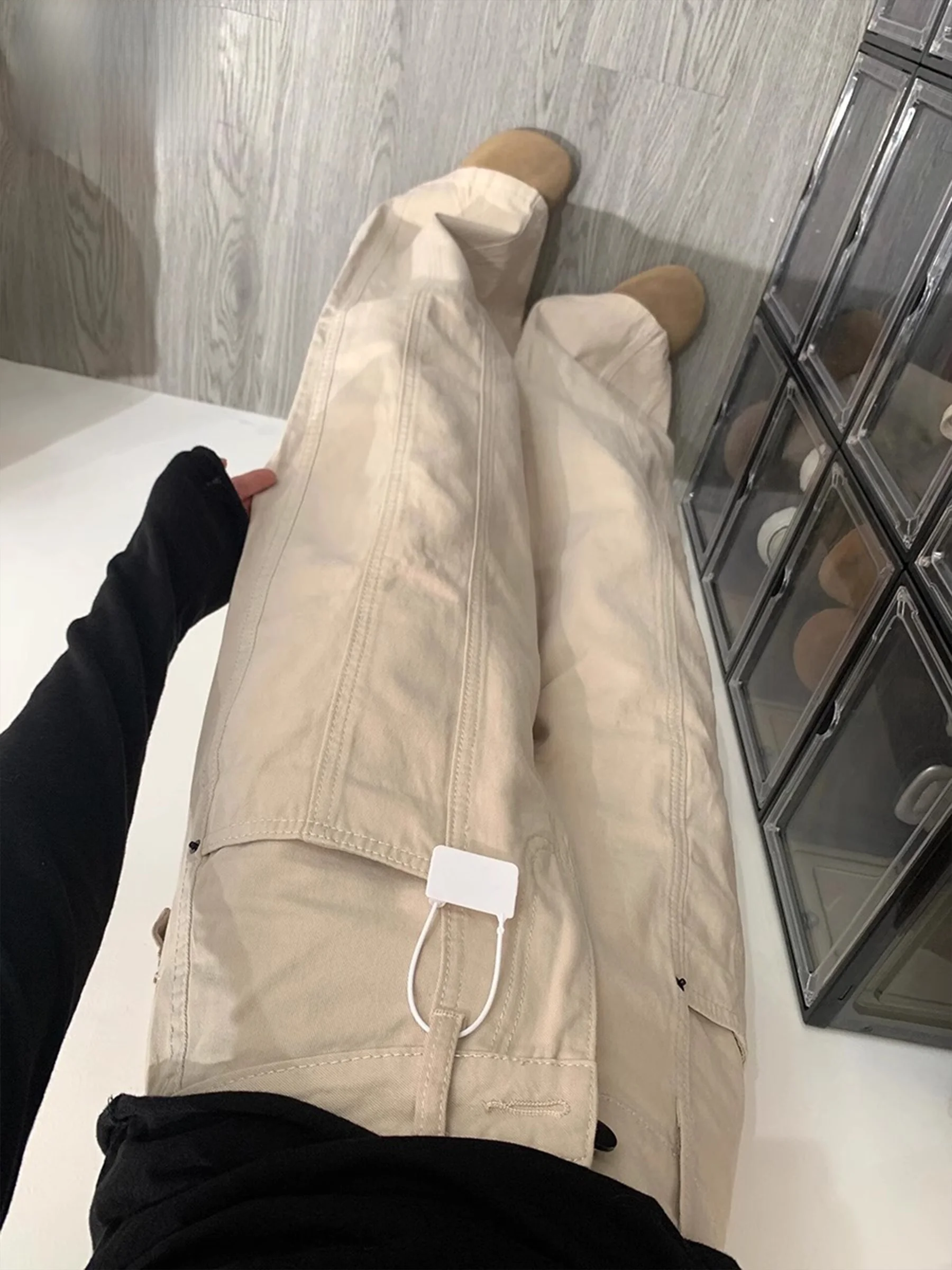 

Американские джинсовые брюки с высокой талией для женщин, летние, новый дизайн, свободные, стройнящие, струящиеся, широкие штанины, с множеством карманов