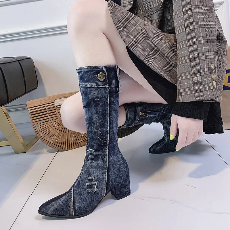 Spring and Autumn Women's Denim Long Boots  Fashion Pants with Knee Length Thick Heel Flipped Long Boots Trendy Casual Shoes