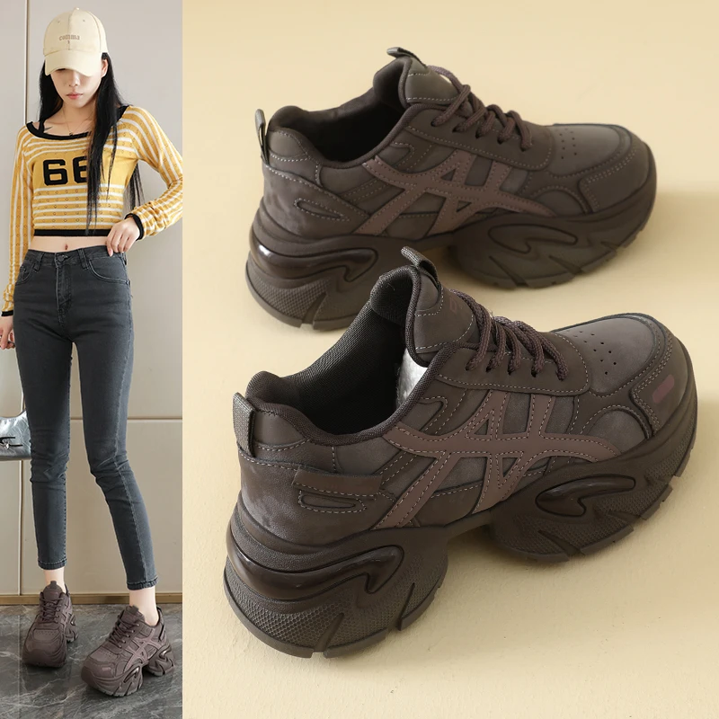 

Leather Dad Sneakers for Women, Outdoor Casual Sports Shoes, Anti-Slip and Wear-Resistant, L178-1