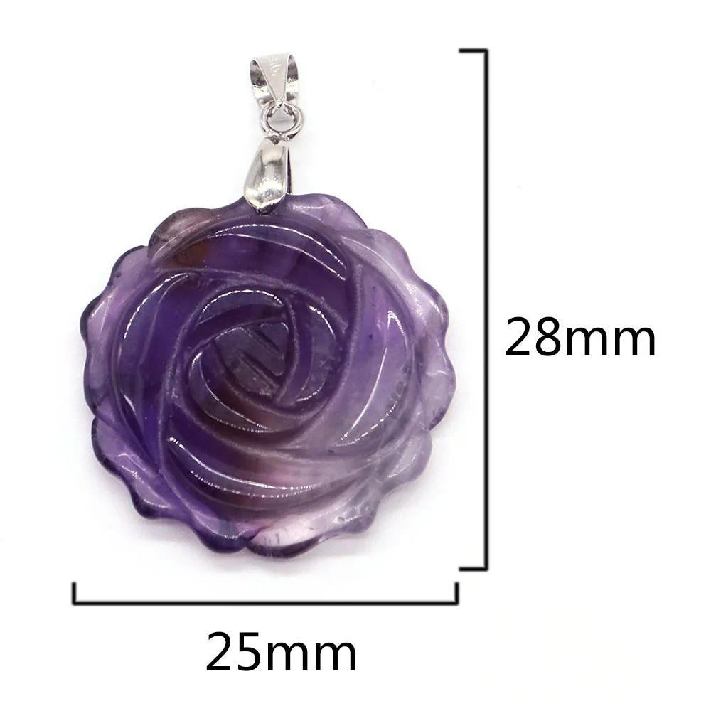 25mm Natural Quartz Crystal Carved Rose Flower Stone Pendant Necklace Amethyst Opalite Lapis Lazuli For Women DIY Jewelry Bead