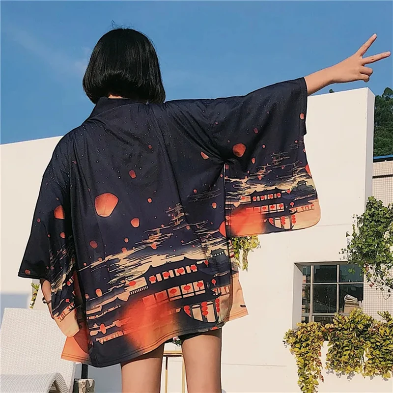 Women Harajuku Cardigan Japanese Kimono Print Loose Shirt Tops Casual Man Couple Yukata Kimonos Ladysummer Sun Protection Cloth