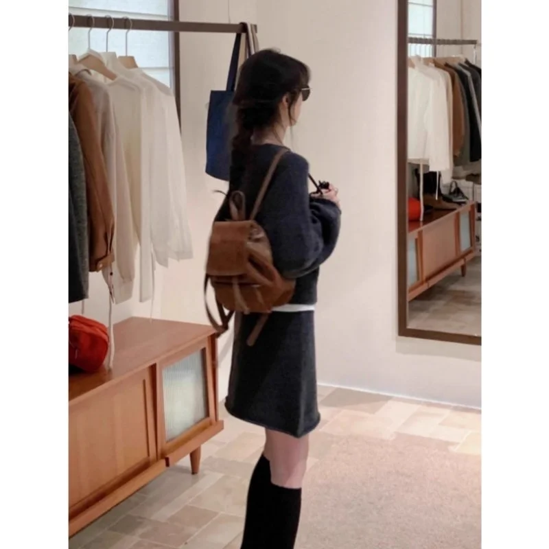 100% wool round neck knitting suit women's padded sweater skirt two-piece suit