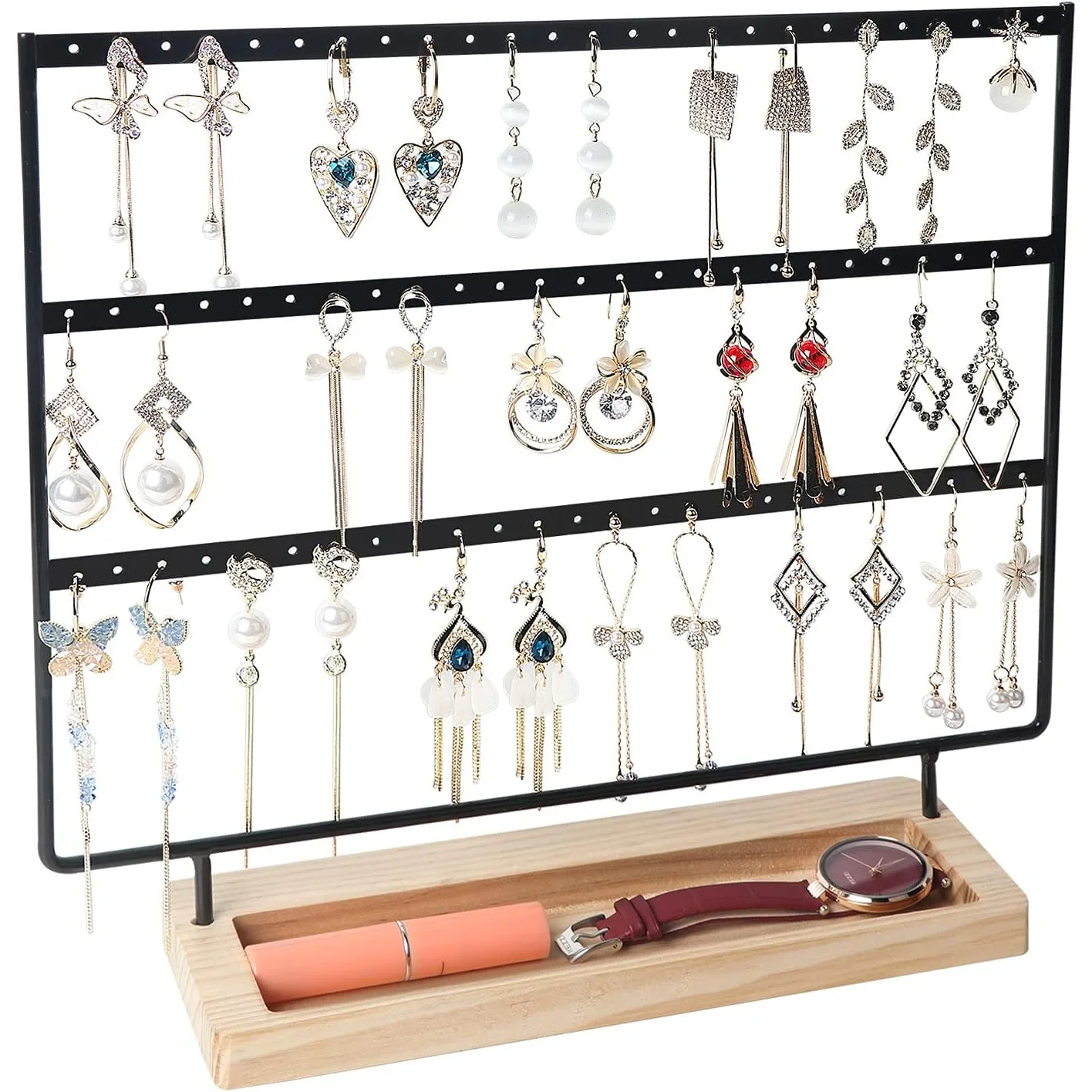 

Трехуровневая подставка-органайзер для украшений на 75 отверстий с деревянным основанием, металлический держатель для серег, колец, браслетов, ожерелий - эффективное хранение