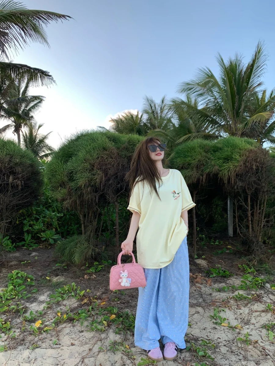 

Романтическая футболка с вышивкой Doggies fiti, свободная футболка ort Sve, хлопковая корейская весенняя женская повседневная одежда